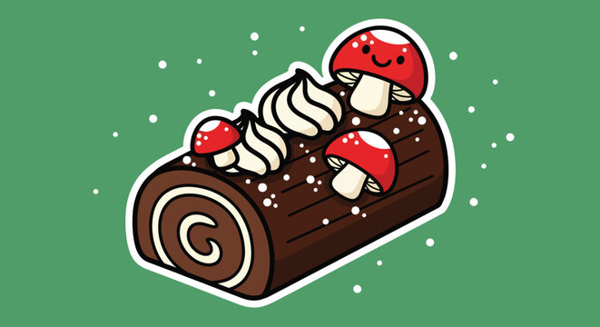 Festive chocolate yule log cake decorated with whipped cream and red mushrooms sits on green surface with snowflakes, creating a cheerful holiday mood.