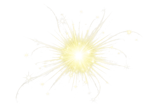 A bright yellow starburst with glowing light and particles, isolated on transparent background