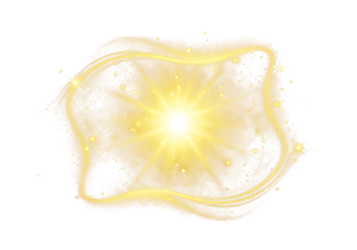 A glowing yellow abstract shape with light streaks and particles, isolated on transparent background - Powered by Adobe