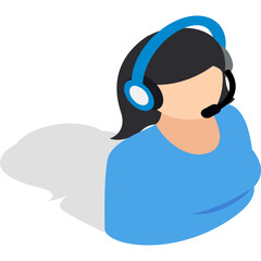 Isometric 3d icon of a person wearing a headset with a microphone for customer service or communication in a flat blue color scheme on a transparent background