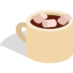 Isometric 3d illustration of a beige mug filled with hot chocolate and pink marshmallows casting a dark shadow on a transparent background