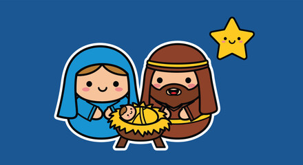Cute nativity scene depicting Mary, Joseph, and baby Jesus under a shining star on a blue backdrop evokes a sense of peace and joy during Christmas season.