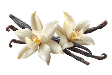 Vanilla orchid blooms and pods