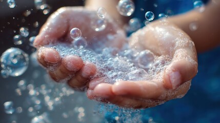 Obraz premium little kid hands wash with soap bubbles and rinse with clean water to prevent and stop the spread of germs after back to home, virus or covid19. Good health and good personal hygiene, virus, bacteria