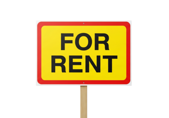 A bright yellow for rent sign with black text and a red border, mounted on a wooden post, isolated on a transparent background