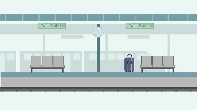 Modern Flat Design Train Station Platform Waiting Area with Luggage and Clock