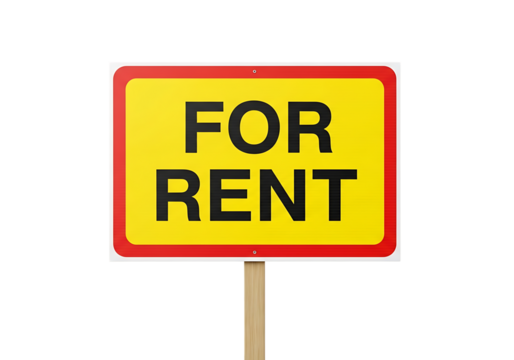 A bright yellow for rent sign with black text and a red border, mounted on a wooden post, isolated on a transparent background