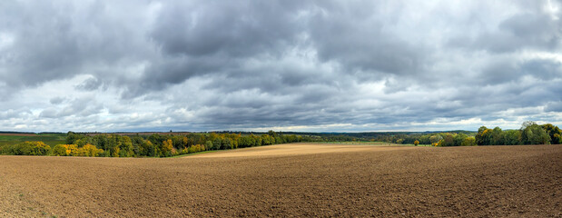 Panoramic view of rural landscape with field and autumn colored forest under cloudy sky