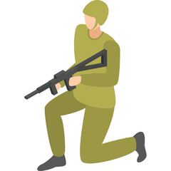 Isolated Isometric Soldier in Olive Green Uniform Crouching and Aiming a Rifle Against a Transparent Background