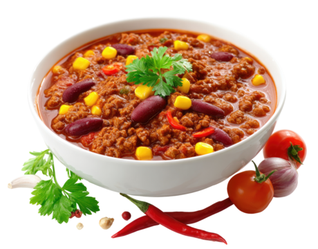 Hearty chili in a white bowl, garnished with cilantro and corn