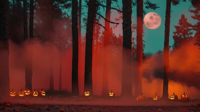 Spooky Halloween Night Glowing Pumpkins and Jack OLanterns in Misty Forest Under Full Moon