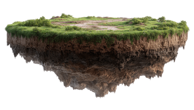 Floating island of earth with grass and soil layers