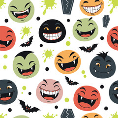 Spooky halloween smiley faces seamless pattern funny monsters vector