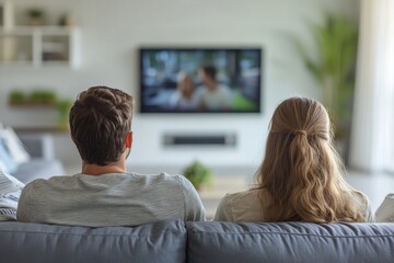 Couple sitting on a sofa watching television together in a modern living room