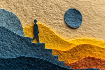 Silhouette of a person ascending steps in a layered landscape under a round sun