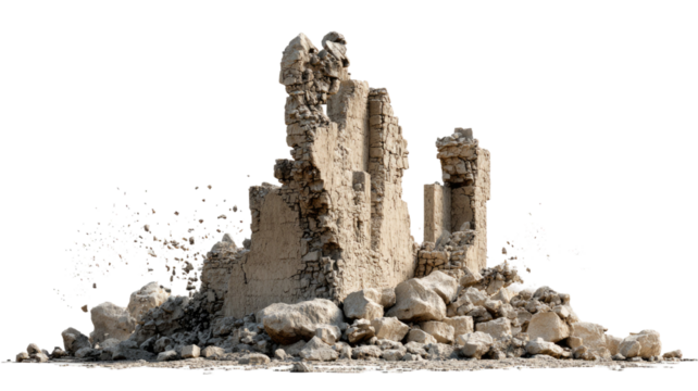 Crumbling wall and scattered debris with rough texture showing broken construction remains and damaged surface isolated on white background