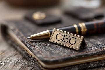 Close up view of a golden CEO nameplate resting on a textured dark notebook beside a fountain pen