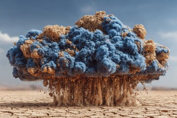 A dramatic explosion of blue and brown material erupts from cracked dry earth against a cloudy sky