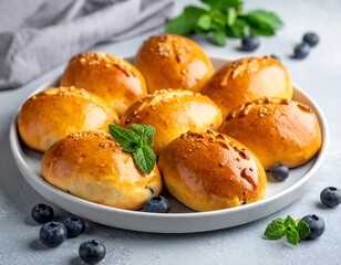 Plate of golden, baked pastries with fresh blueberries and sprigs
