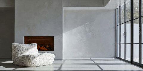 Obraz premium Cozy minimalist living space with soft chair and large windows letting in natural light