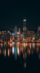 Naklejka premium City skyline at night with glowing lights reflected on water, high contrast, cinematic look, Phone wallpaper