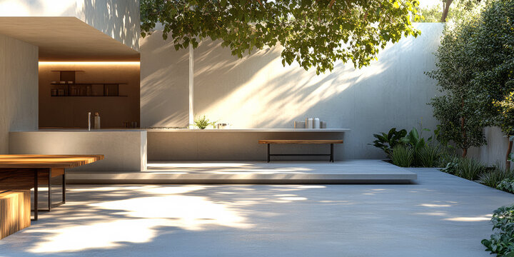 Modern outdoor kitchen design with natural light and greenery in a serene environment