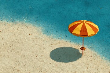 Single striped beach umbrella casting a shadow on a sandy shore next to blue water
