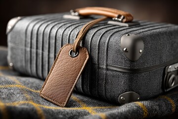 Vintage style suitcase with brown leather luggage tag on checkered fabric