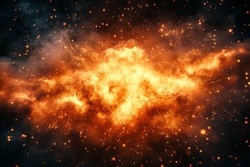 Fiery explosion of bright orange and yellow light with swirling smoke and glowing embers