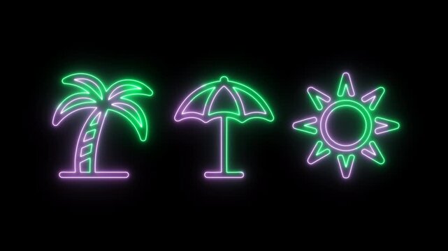 Summer Neon Icons Palm tree, parasol and sun outlined in bright neon hues against a dark background, evoking vacation vibes.