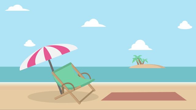 Serene Tropical Beach Scene with Empty Deck Chair and Umbrella Under Blue Sky with Clouds and