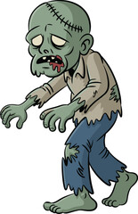 Cartoon zombie character illustration, creepy undead monster, scary Halloween design, horror walking dead, spooky green creature, funny horror artwork, animation style