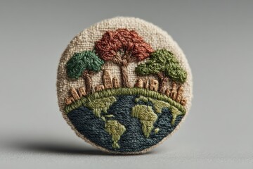 Embroidered circular textile art depicts planet Earth with trees and city skyline