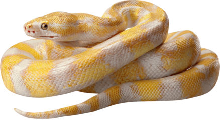 Close-up of a coiled, yellow and white snake
