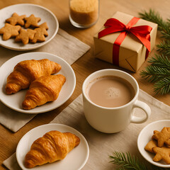 Breakfast with Coffee Croissant and Christmas Cookies