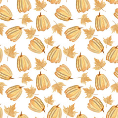 Watercolor seamless pattern with an autumn theme featuring pumpkins and maple leaves. The theme is suitable for use in design, interior decoration, textiles, packaging

