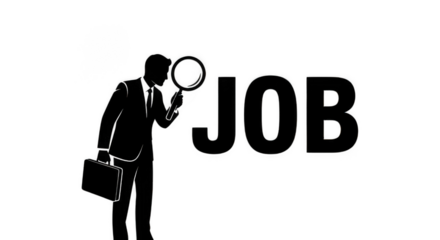 Businessman with Magnifying Glass Looking for a Job or Opportunity (Black and White Illustration)