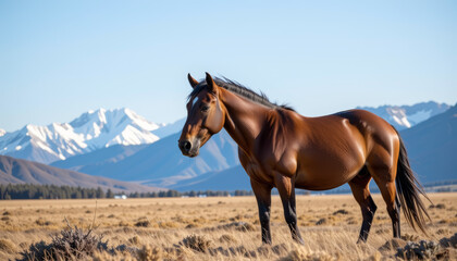 Obraz premium Brown horse standing in mountain plain brown horse mountain snow meadow grazing mane pasture