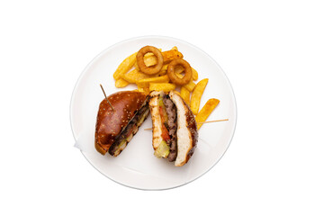 Transparent PNG of burger with onion rings and fries on a white plate, isolated for food and menu...