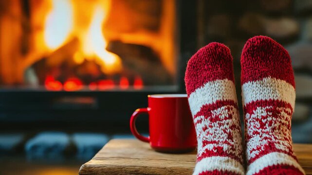 A person relaxes by a fireplace in a rustic cabin, wearing warm socks and enjoying a cup of hot drink on a chilly afternoon