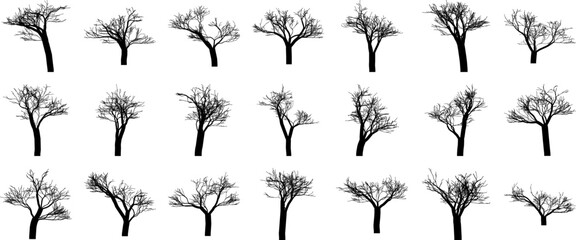 Hand made Collection of bare tree silhouettes various shapes and sizes vector illustration for design elements By illustrator
