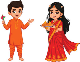 Indian children celebrating festival in traditional dress, cultural attire, joyful expression, festive sweets, Indian culture, tradition, colorful clothing, heritage celebration, happiness