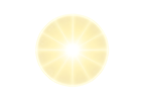A bright yellow sunburst with lens flare effect, isolated on transparent background