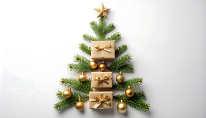 Christmas tree arrangement made of fir branches, presents wrapped in brown paper with gold ribbons, and golden baubles on a white background.