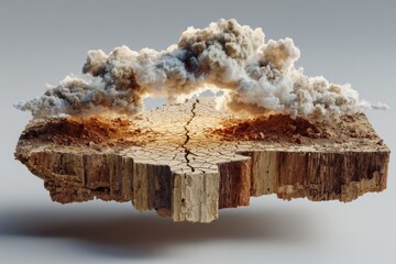 A surreal diorama of cracked earth with smoke plumes erupting from a fissure