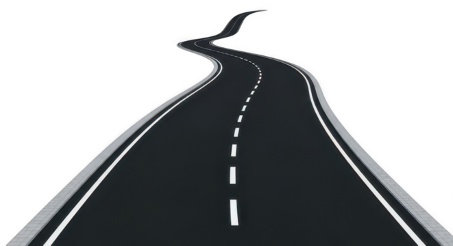 Winding Curvy Asphalt Road with White Markings Isolated on White Background