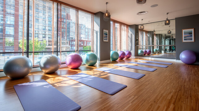 Exercise mat and stability ball studio with natural light, wooden floor, large windows, mirrors, peaceful atmosphere