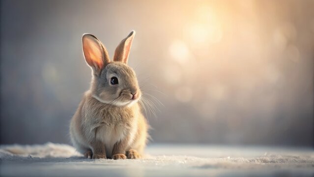 A fluffy young bunny rabbit sits in soft, glistening snow, bathed in warm, golden sunlight.