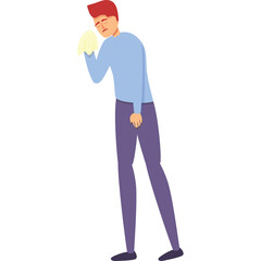 Cartoon man in light blue long sleeve shirt and purple pants holding yellow tissue to his nose with red hair and sad expression isolated on white background with transparent background