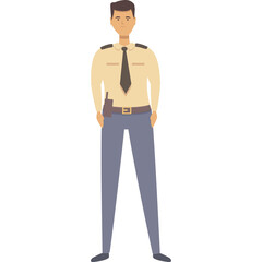 Cartoon Man In Uniform With Light Brown Shirt Dark Tie And Gray Pants Standing With Hands In Pockets On Transparent Background